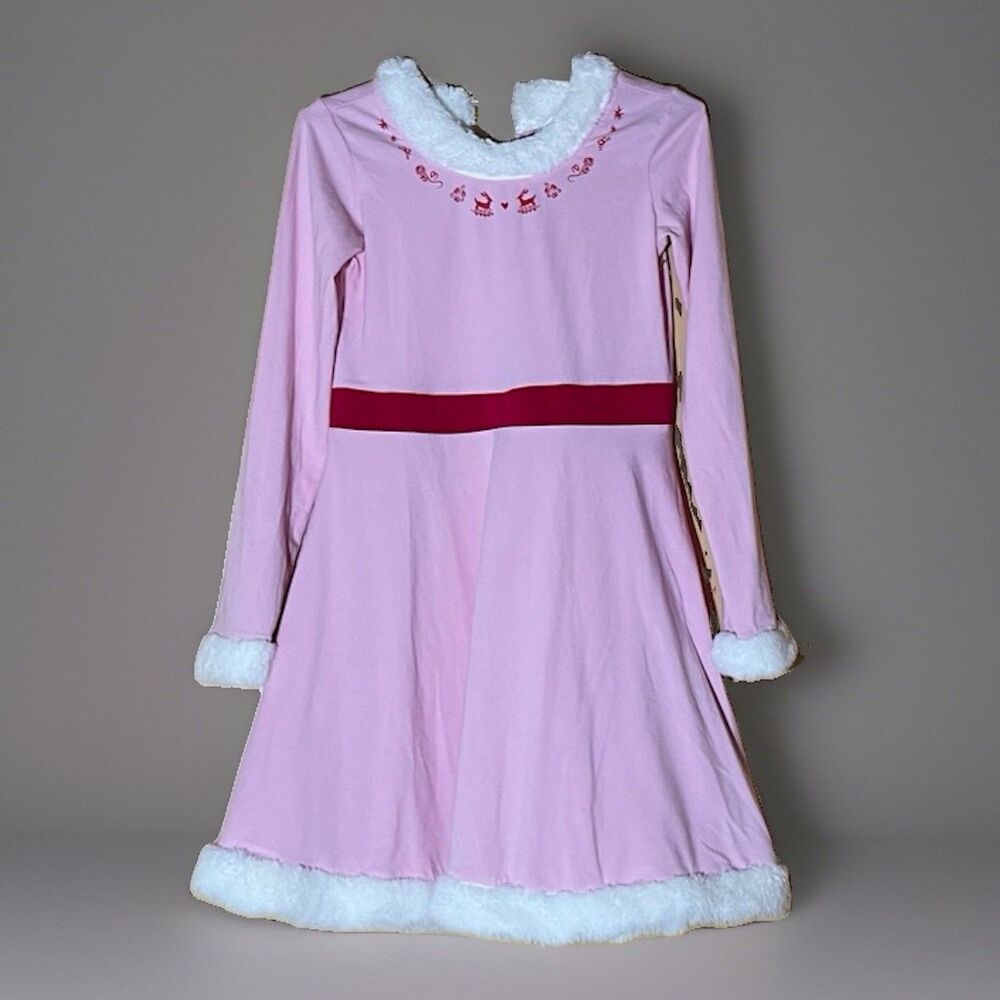 Hanna Andersson Girls Christmas Dress US 12 Pink Faux Fur Trim Santa Festive